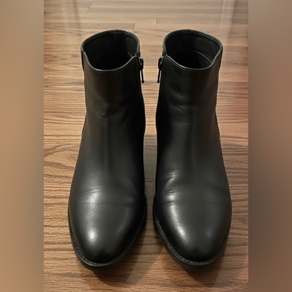 Black Leather Block Heel Ankle Booties – Zipper Closure